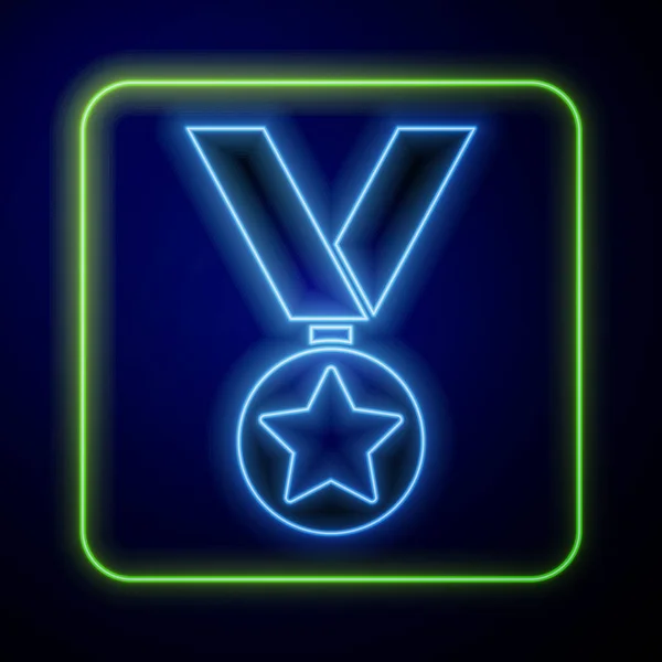 Glowing neon Military reward medal icon isolated on blue background. Army sign. Vector — Stock Vector