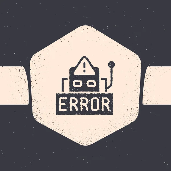 Grunge Error in the operation program of the robot icon isolated on grey background. A broken chip of a robot. Monochrome vintage drawing. Vector — Stock Vector