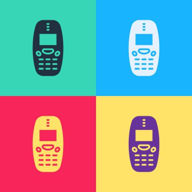 Pop Art eski moda klavye cep telefonu simgesi renk arkaplanında izole. Retro cep telefonu cihazı. 90 'ların klasik cep telefonu. Vektör