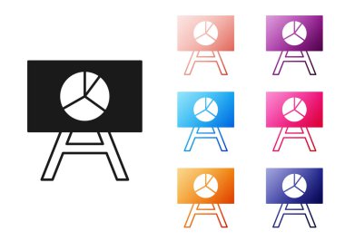 Grafik çizelgesi simgesi olan siyah tahta beyaz arkaplanda izole edildi. Metin dosya simgesini rapor et. Muhasebe tabelası. Denetim, analiz, planlama. Simgeleri renklendirin. Vektör