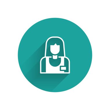 Beyaz Satıcı simgesi uzun gölge arkaplanı ile izole edildi. Yeşil daire düğmesi. Vektör