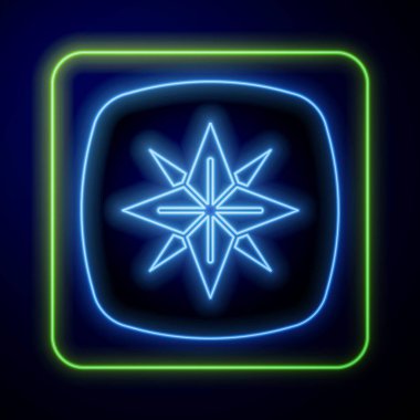 Parlayan neon rüzgarı ikonu mavi arkaplanda izole edildi. Seyahat için pusula simgesi. Navigasyon tasarımı. Vektör