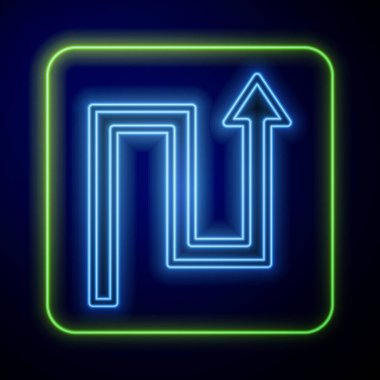 Parlayan neon ok simgesi mavi arkaplanda izole edildi. Yön Arrowhead sembolü. Navigasyon işaretçisi işareti. Vektör