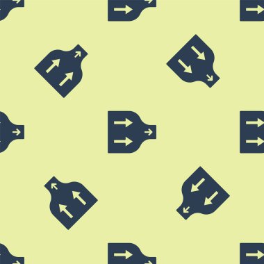 Mavi Ok simgesi sarı arkaplandaki kusursuz deseni izole etti. Yön Arrowhead sembolü. Navigasyon işaretçisi işareti. Vektör