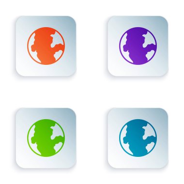 Beyaz arkaplanda Dünya renk ikonu izole edildi. Dünya ya da Dünya işareti. Küresel internet sembolü. Geometrik şekiller. Kare düğmelere renkli simgeleri yerleştir. Vektör