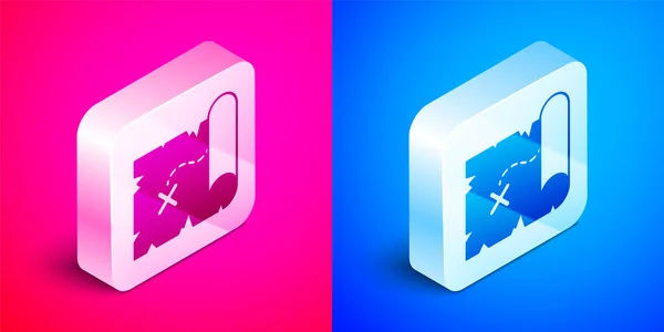 Isometric Pirate treasure map icon isolated on pink and blue background. Silver square button. Vector — Stock Vector