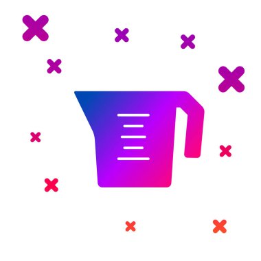 Beyaz zemin üzerinde izole edilmiş kuru ve sıvı yiyecek ikonunu ölçmek için renk ölçme kabı. Plastik şişenin sapı var. Kademeli rastgele dinamik şekiller. Vektör