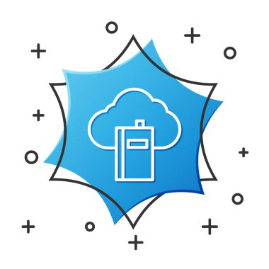 Beyaz çizgi Bulut veya çevrimiçi kütüphane simgesi beyaz arkaplanda izole edildi. İnternet eğitimi ya da uzak mesafe eğitimi. Mavi altıgen düğmesi. Vektör İllüstrasyonu