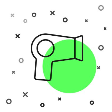 Siyah çizgi saç kurutma ikonu beyaz arkaplanda izole edildi. Saç kurutma makinesi tabelası. Saç kurutma sembolü. Sıcak hava üflüyor. Vektör