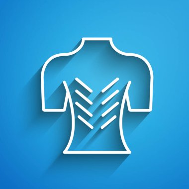 Mavi arkaplanda beyaz çizgi masajı simgesi izole edildi. Rahatlatıcı, boş zaman. Uzun gölge. Vektör