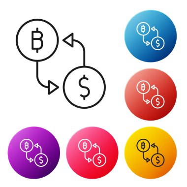Siyah çizgi kripto döviz simgesi beyaz arkaplanda izole edildi. Bitcoin 'den dolar takas simgesine. Kripto para teknolojisi, mobil bankacılık. Renkli daire düğmelerini ayarlayın. Vektör