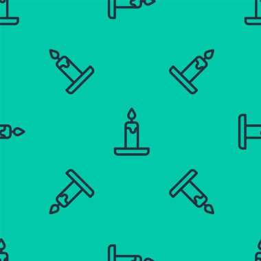 Mavi çizgi, şamdan simgesinde yanan mum yeşil arkaplanda izole edilmiş pürüzsüz desen. Silindirik mum çubuğu ve yanan ateş. Vektör