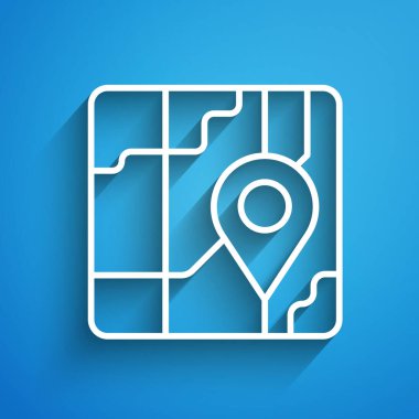 Şehir haritası yön bulma simgesinin beyaz çizgi bilgileri mavi arkaplanda izole edildi. Mobil Uygulama Arayüzü tasarımı. Coğrafi konsept. Uzun gölge. Vektör