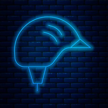 Parlayan neon çizgisi bisiklet başlığı simgesi tuğla duvar arka planında izole edilmiş. Olağanüstü bir spor. Spor malzemeleri. Vektör