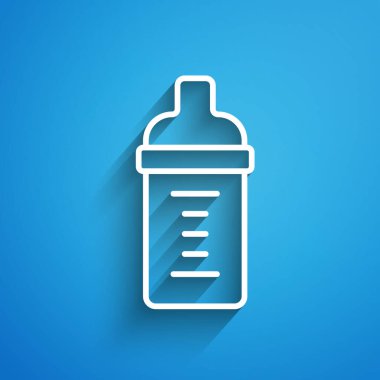 Beyaz çizgi bebek sütü mavi arka planda izole edilmiş bir şişe ikonu. Beslenme şişesi simgesi. Uzun gölge. Vektör