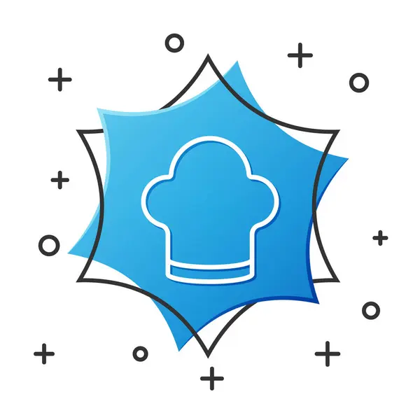 Weiße Linie Kochmütze Symbol isoliert auf weißem Hintergrund. Kochendes Symbol. Kochmütze. Blauer Sechskant-Knopf. Vektor — Stockvektor