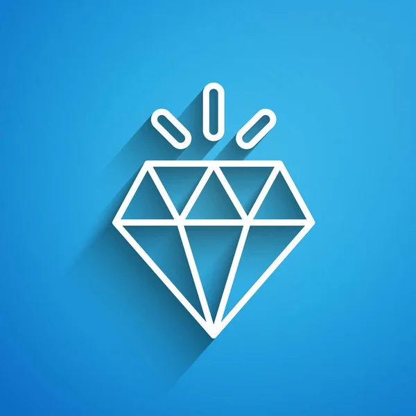 Weiße Linie Diamant-Symbol isoliert auf blauem Hintergrund. Schmuck-Symbol. Edelstein. Langer Schatten. Vektor — Stockvektor