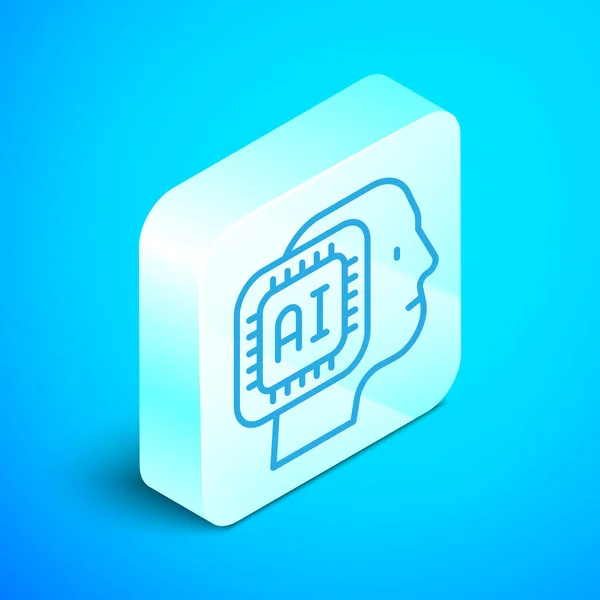 Isometric line Humanoid robot icon isolated on blue background. Artificial intelligence, machine learning, cloud computing. Silver square button. Vector — Stock Vector