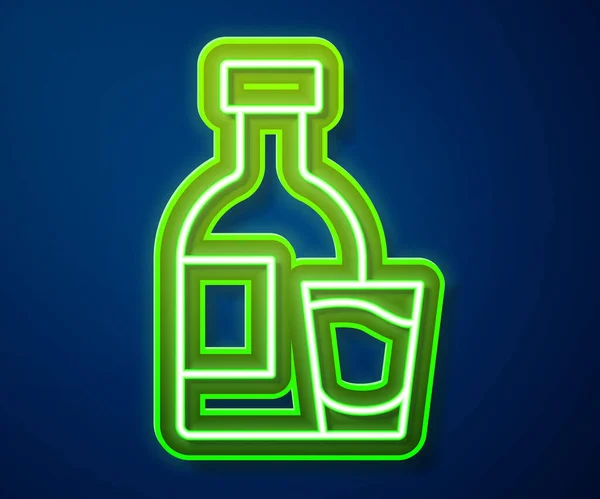 Glowing neon line Bottle of vodka with glass icon isolated on blue background. Vector — Stock Vector