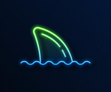 Okyanus dalgası ikonunda parlayan neon hattı köpekbalığı yüzgeci mavi arka planda izole edildi. Vektör