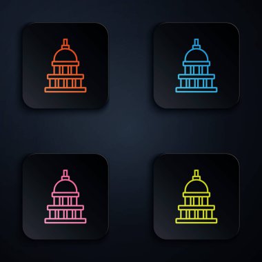 Beyaz Saray simgesi siyah arkaplanda izole edilmiş renkli neon hattı. Washington DC mi? Kare düğmelere simgeleri yerleştir. Vektör