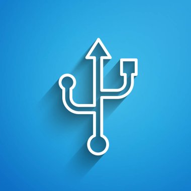 Mavi arkaplanda beyaz çizgi USB simgesi izole edildi. Uzun gölge. Vektör