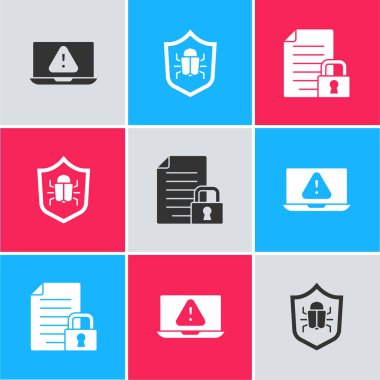 Dizüstü bilgisayarı ünlem işareti, Sistem hatası, Belge ve kilit simgesi ile ayarla. Vektör