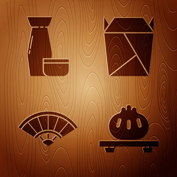 Set Dumpling on cutting board, Traditional Japanese tea ceremony, Paper chinese or japanese folding fan and Rstaurant opened take out box filled on wooden background. Vector — Stock Vector