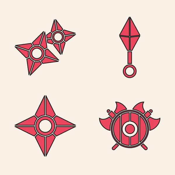 Set Escudo medieval con hachas cruzadas, shuriken ninja japonés, shuriken ninja japonés e icono shuriken ninja japonés. Vector — Vector de stock
