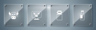 Süt şişesi, konteynır, inek kafası ve... Kare cam paneller. Vektör