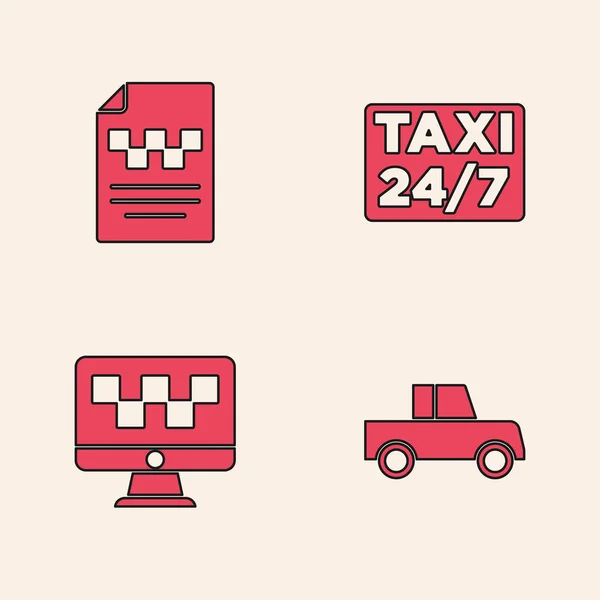Set Car, Taxisofőr engedély, elhelyezkedés taxi és számítógépes hívás szolgáltatás ikon. Vektor — Stock Vector