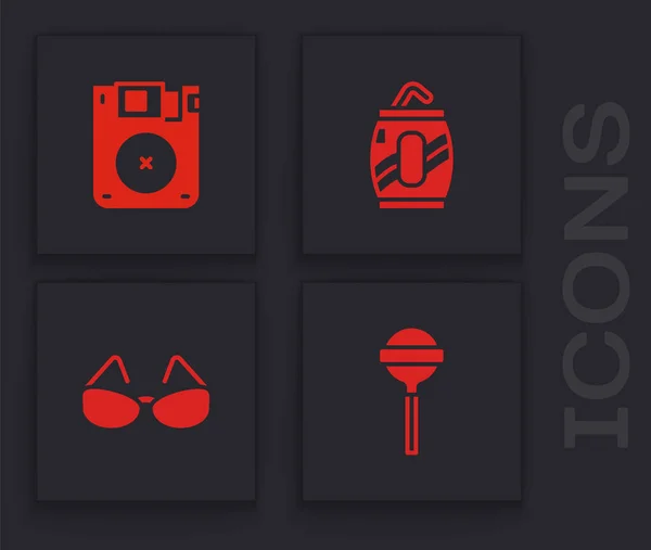 Set Sucette, disquette, canette de soda avec icône de paille et de lunettes. Vecteur — Image vectorielle
