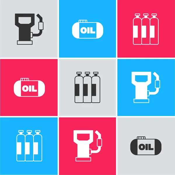Stel benzinestation of tankstation, Olie tank opslag en industriële cilinder pictogram. Vector — Stockvector