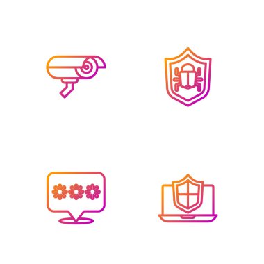 Set line Laptop protected with shield, Password protection, Security camera and System bug. Gradient color icons. Vector