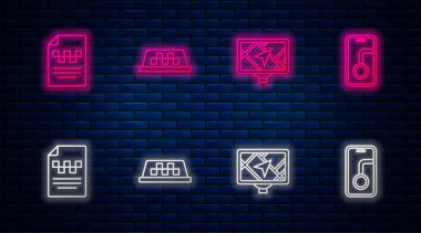 Set line Taxi car roof, Gps device with map, driver license and City navigation. Glowing neon icon on brick wall. Vector
