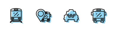 Set line Taxi car, Train, Location with bus and Bus icon. Vector