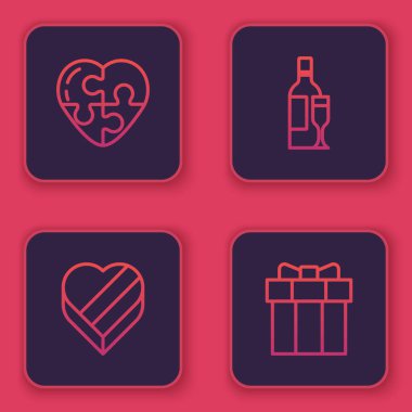 Set line Heart, Candy in heart shaped box, Champagne bottle and Gift. Blue square button. Vector