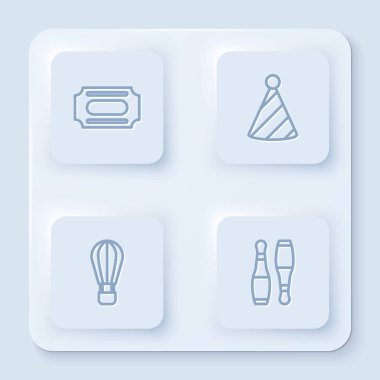 Set line Circus ticket, Party hat, Hot air balloon and Bowling pin. White square button. Vector