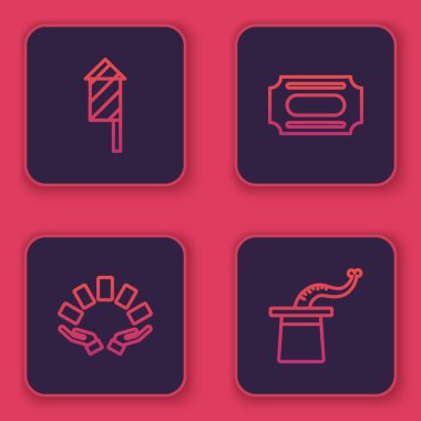 Set line Firework rocket, Hand holding playing cards, Circus ticket and Magician hat. Blue square button. Vector