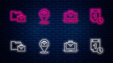 Set line Online working, , and Time management. Glowing neon icon on brick wall. Vector