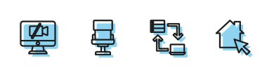 Set line Online working, Video camera Off on computer, Office chair and icon. Vector