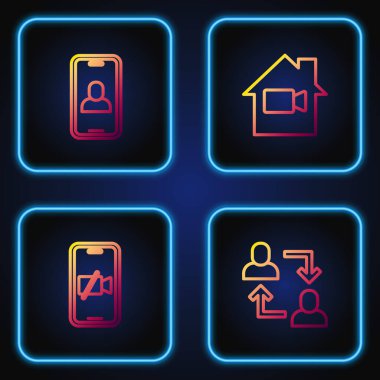 Set line Project team base, Video camera Off on mobile, chat conference and in home. Gradient color icons. Vector