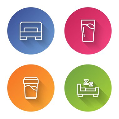 Set line Big bed, Glass with water, and Time to sleep. Color circle button. Vector