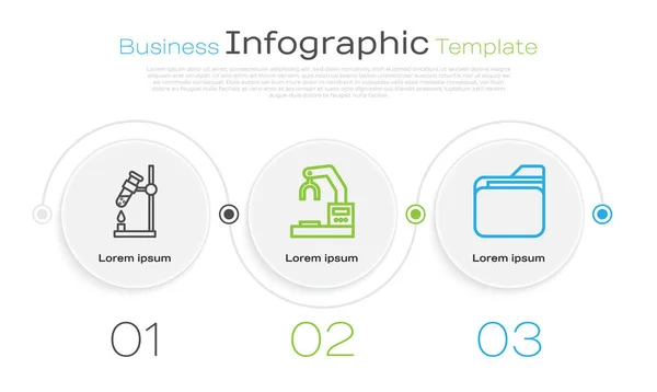 Impostare linea fiaschetta della provetta in fiamme, robot robot robot mano fabbrica e cartella Documento. Modello di infografica aziendale. Vettore — Vettoriale Stock