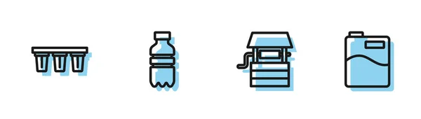 Set line Well with bucket, Water filter, Bottle of water and Big bottle clean icon. Vector —  Vetores de Stock