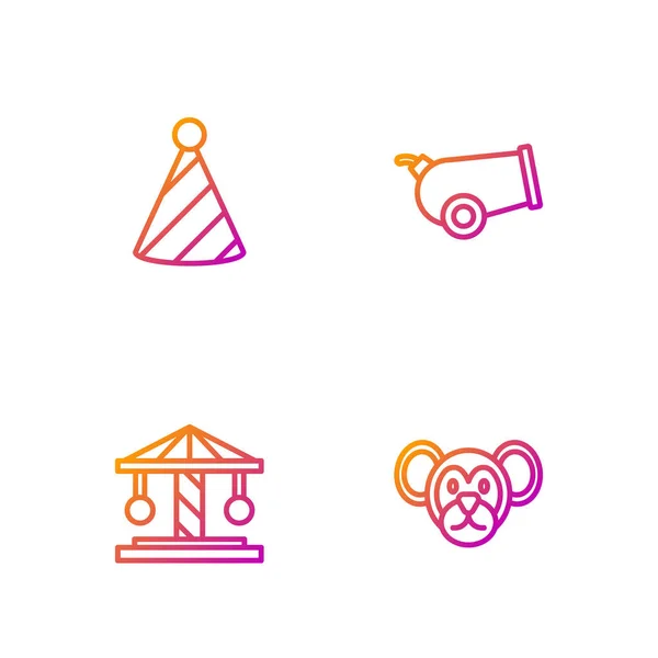 Set line Monkey, Attraction carousel, Party hat and Cannon. Gradient color icons. Vector — Stock Vector