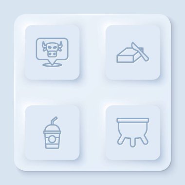 İnek kafası, tereyağında tereyağı, Milkshake ve Meme. Beyaz kare düğme. Vektör