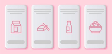 Süt için kağıt paketi, tereyağında tereyağı, yanında şişe ve süzme peynir. Beyaz dikdörtgen düğme. Vektör