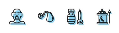 Set line Syringe, Head of deaf and dumb, Hearing aid and Elevator for disabled icon. Vector