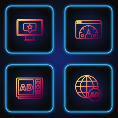 Satır Reklamcılığını ayarla, yıldız ve web sitesi istatistikleriyle Monitör. Renk simgeleri. Vektör